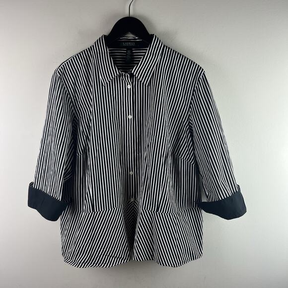 Ralph Lauren Top 22W Black White Striped Button Up Shirt Collar Cotton 22 - Picture 1 of 6
